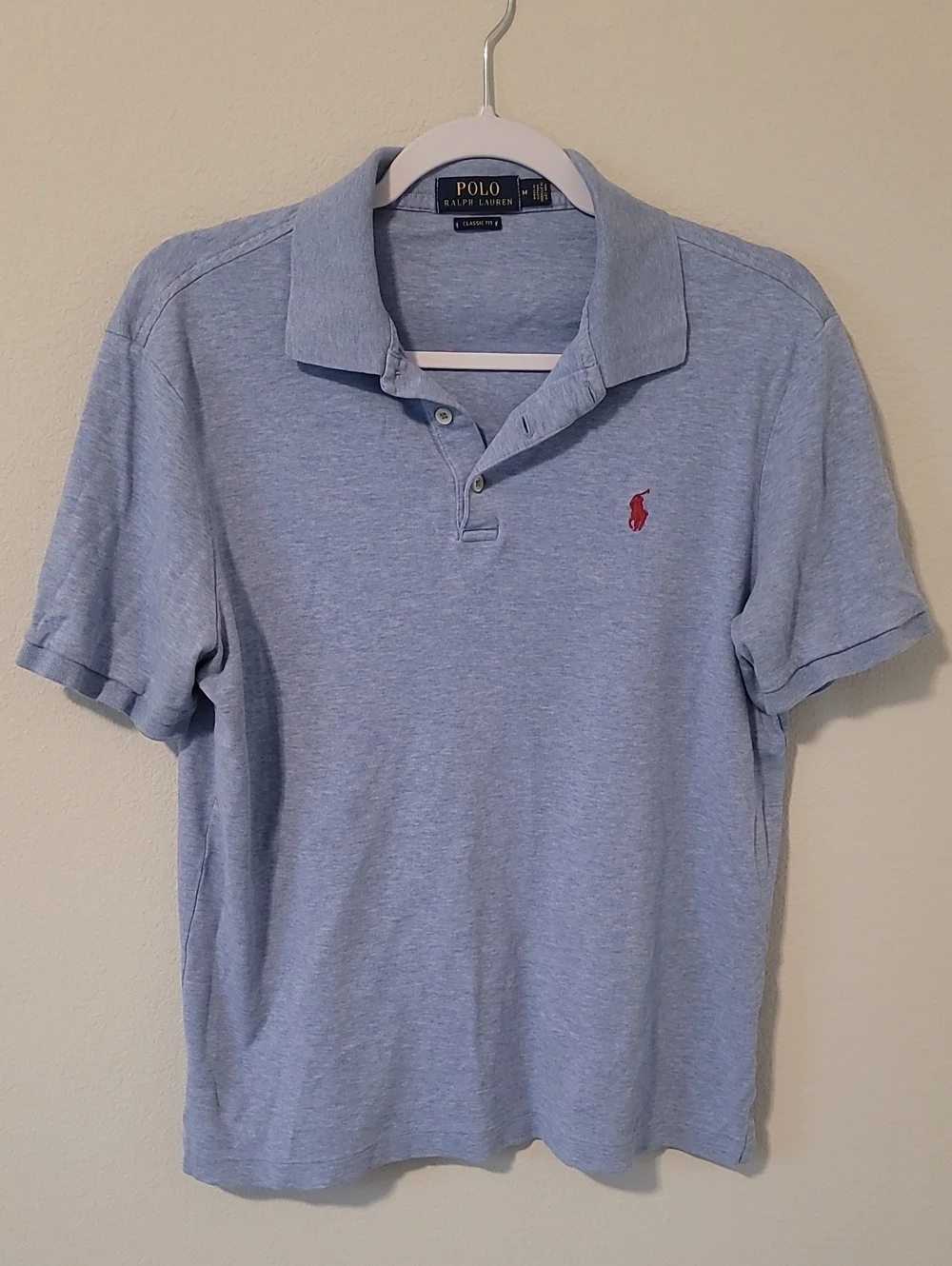 Polo by Ralph Lauren Men's Heather Light Blue Polo with Red Pony